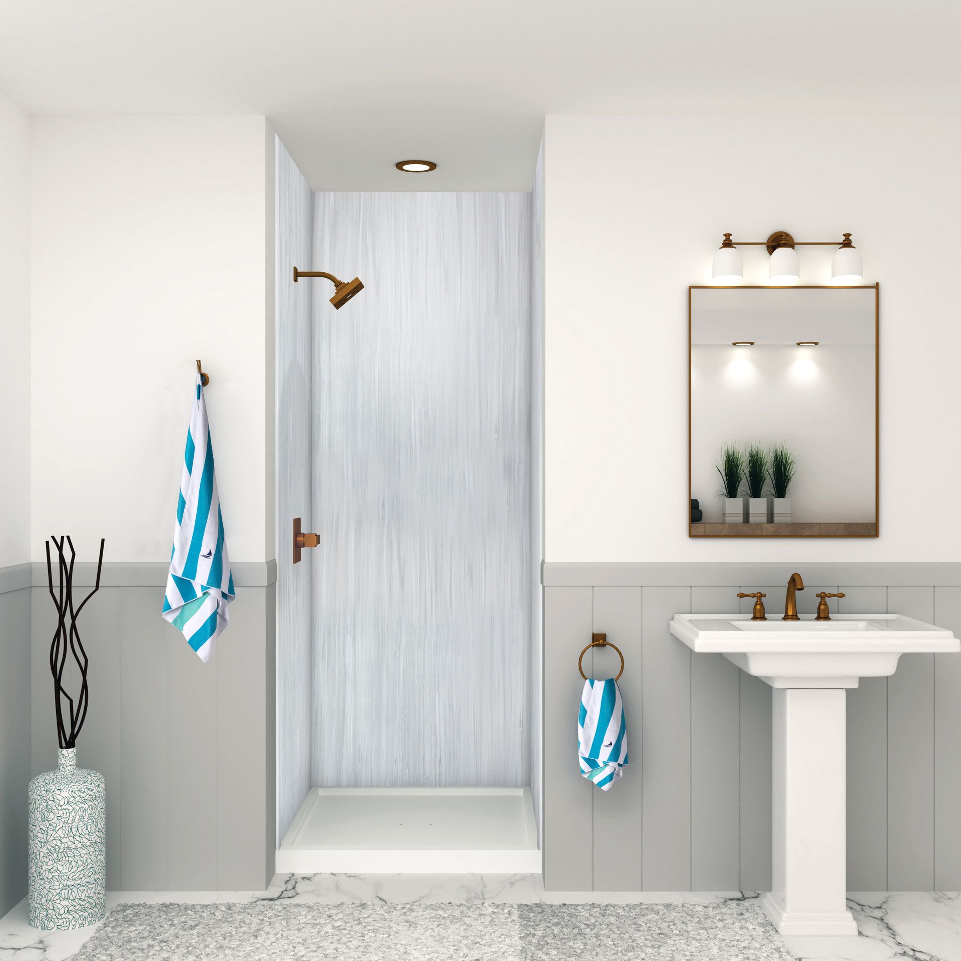 A safety-focused walk-in shower installed by Cascade Showerworks for aging in place in a Bunker Hill Village home, showing stainless grab bars anchored into solid wood blocking, a fold-down teak bench, a handheld shower head on an adjustable slide bar, slip-resistant flooring, and a zero-step curbless entry. The image reflects CDC guidance that more than 80 percent of senior fall injuries happen in the bathroom, and shows how a properly built walk-in shower removes those hazards for Bunker Hill Village homeowners.