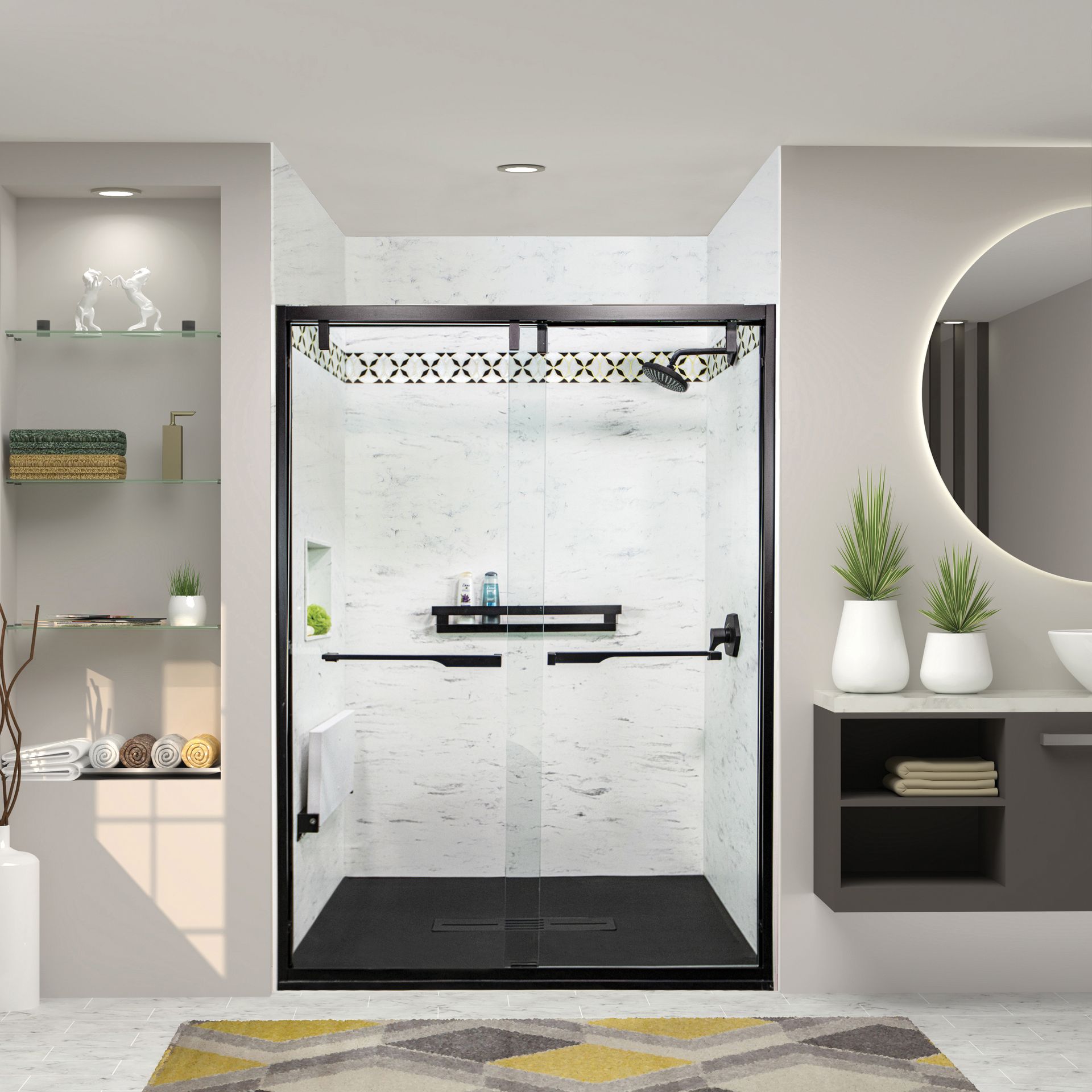 A safety-focused walk-in shower installed by Cascade Showerworks for aging in place in a Memorial home, showing stainless grab bars anchored into solid wood blocking, a fold-down teak bench, a handheld shower head on an adjustable slide bar, slip-resistant flooring, and a zero-step curbless entry. The image reflects CDC guidance that more than 80 percent of senior fall injuries happen in the bathroom, and shows how a properly built walk-in shower removes those hazards for Memorial homeowners.