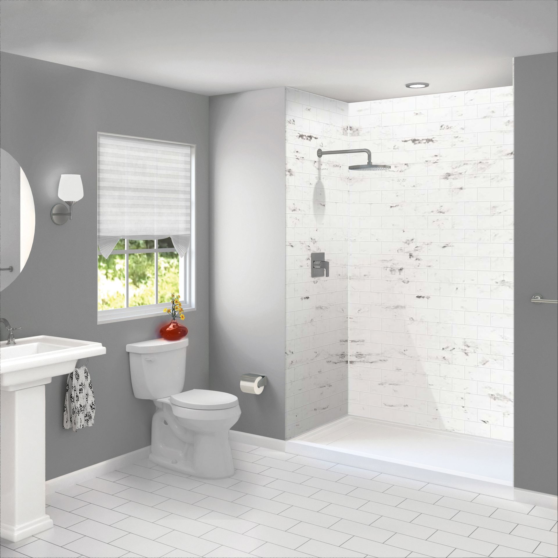A safety-focused walk-in shower installed by Cascade Showerworks for aging in place in a Hunters Creek Village home, showing stainless grab bars anchored into solid wood blocking, a fold-down teak bench, a handheld shower head on an adjustable slide bar, slip-resistant flooring, and a zero-step curbless entry. The image reflects CDC guidance that more than 80 percent of senior fall injuries happen in the bathroom, and shows how a properly built walk-in shower removes those hazards for Hunters Creek Village homeowners.