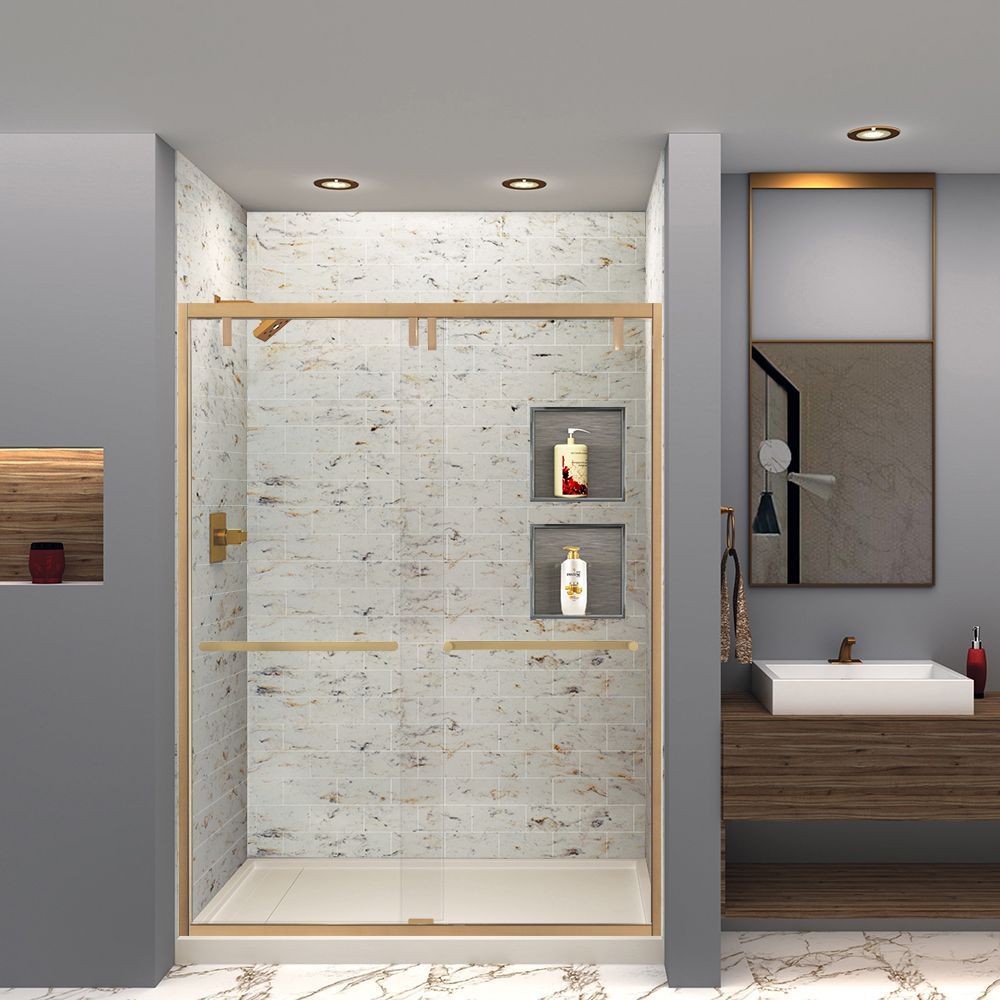 Modern bathroom with a glass shower enclosure, vanity sink, and mirror in a gray and wood-toned interior