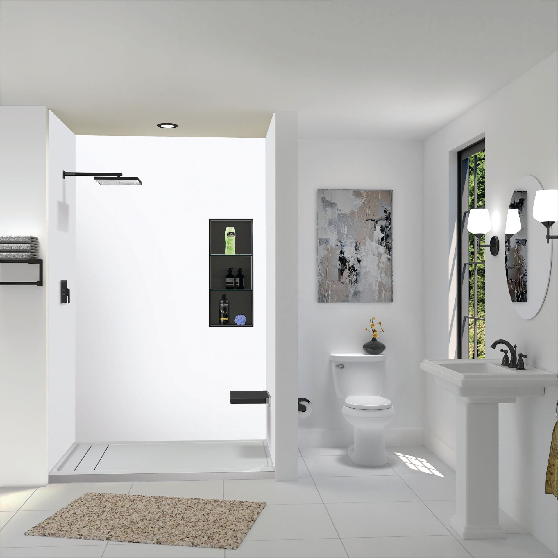 A waterproofing and slope diagram for a curbless walk-in shower in a Memorial Houston bathroom, showing a bonded membrane extending 24 to 36 inches past the opening across the surrounding floor, preformed corners, a sealed drain flange, a low profile linear drain at the entry, and slope arrows falling back into the shower. The graphic explains to Memorial homeowners why removing the curb roughly doubles the waterproofed area of a 1960s ranch bathroom floor.
