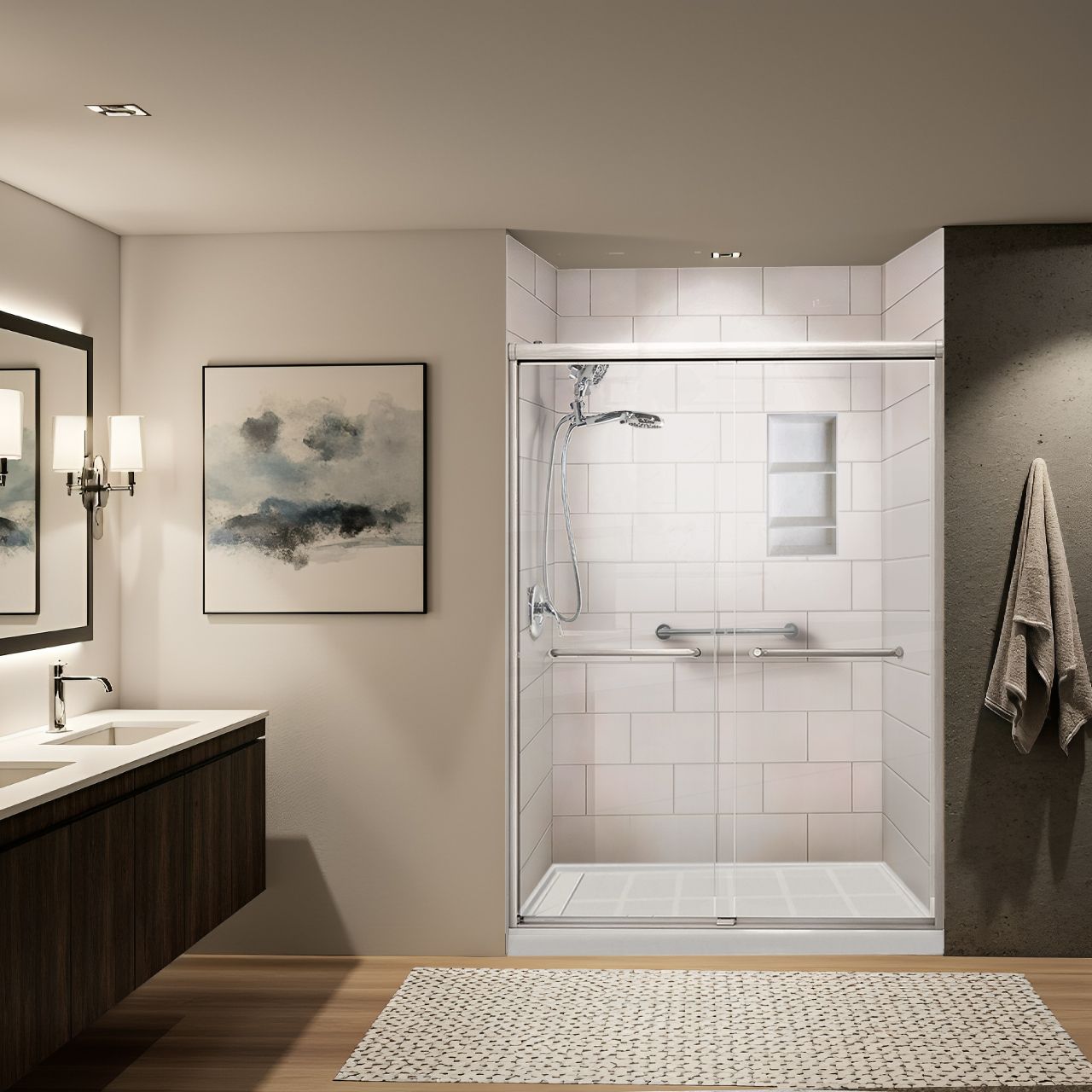 Modern bathroom with walk-in glass shower, vanity, framed art, and neutral decor