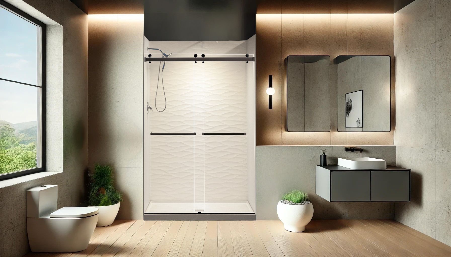 Modern beige bathroom with freestanding tub, floating vanity, large mirror, and wooden accents