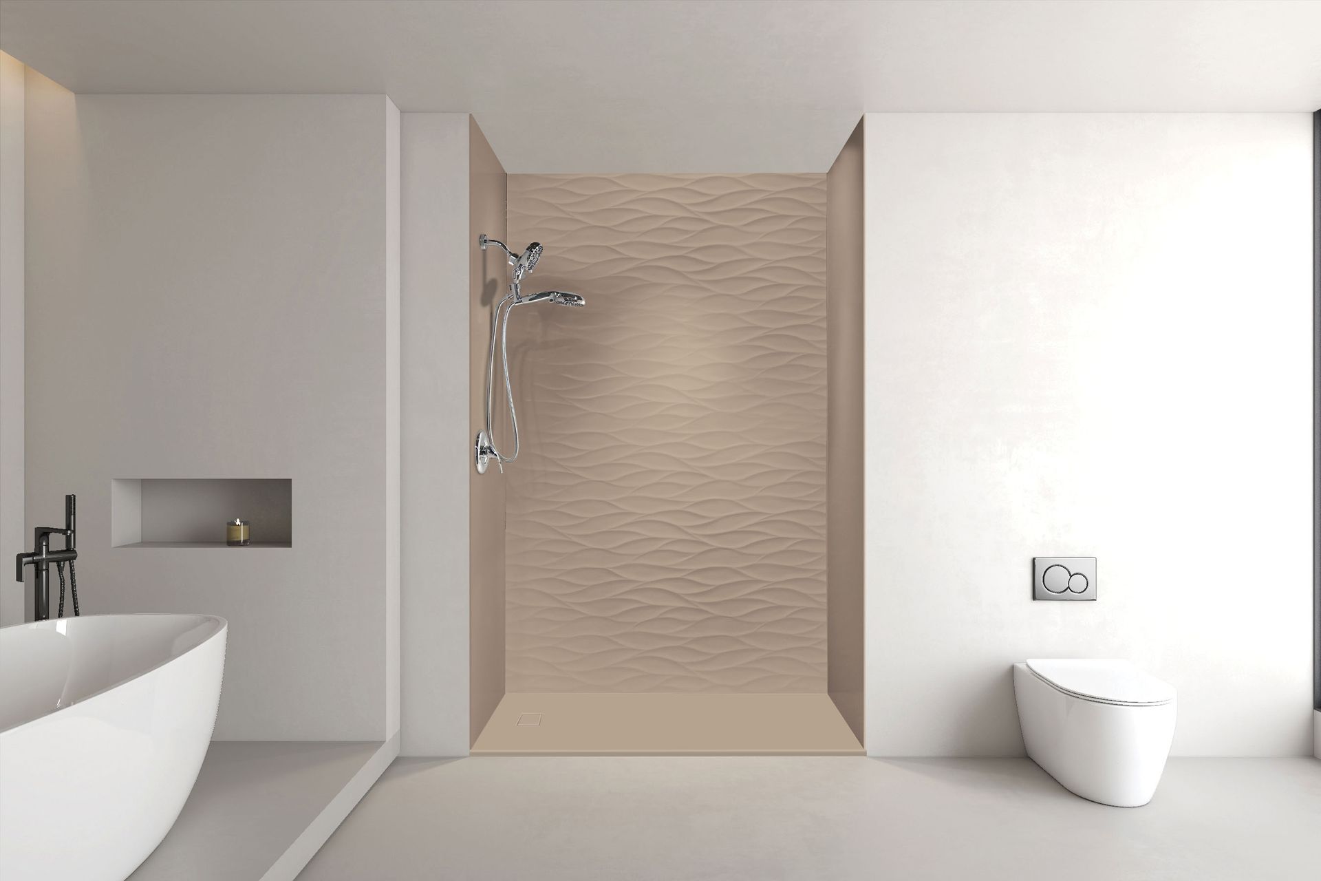 A safety-focused walk-in shower installed by Cascade Showerworks for aging in place in a Bellaire home, showing stainless grab bars anchored into solid wood blocking, a fold-down teak bench, a handheld shower head on an adjustable slide bar, slip-resistant flooring, and a zero-step curbless entry. The image reflects CDC guidance that more than 80 percent of senior fall injuries happen in the bathroom, and shows how a properly built walk-in shower removes those hazards for Bellaire homeowners.