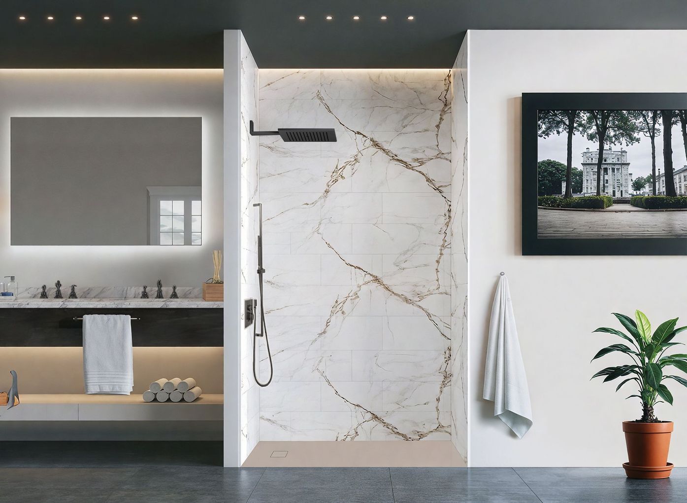 Modern bathroom with a marble shower, large mirror, wooden vanity, and potted plant.