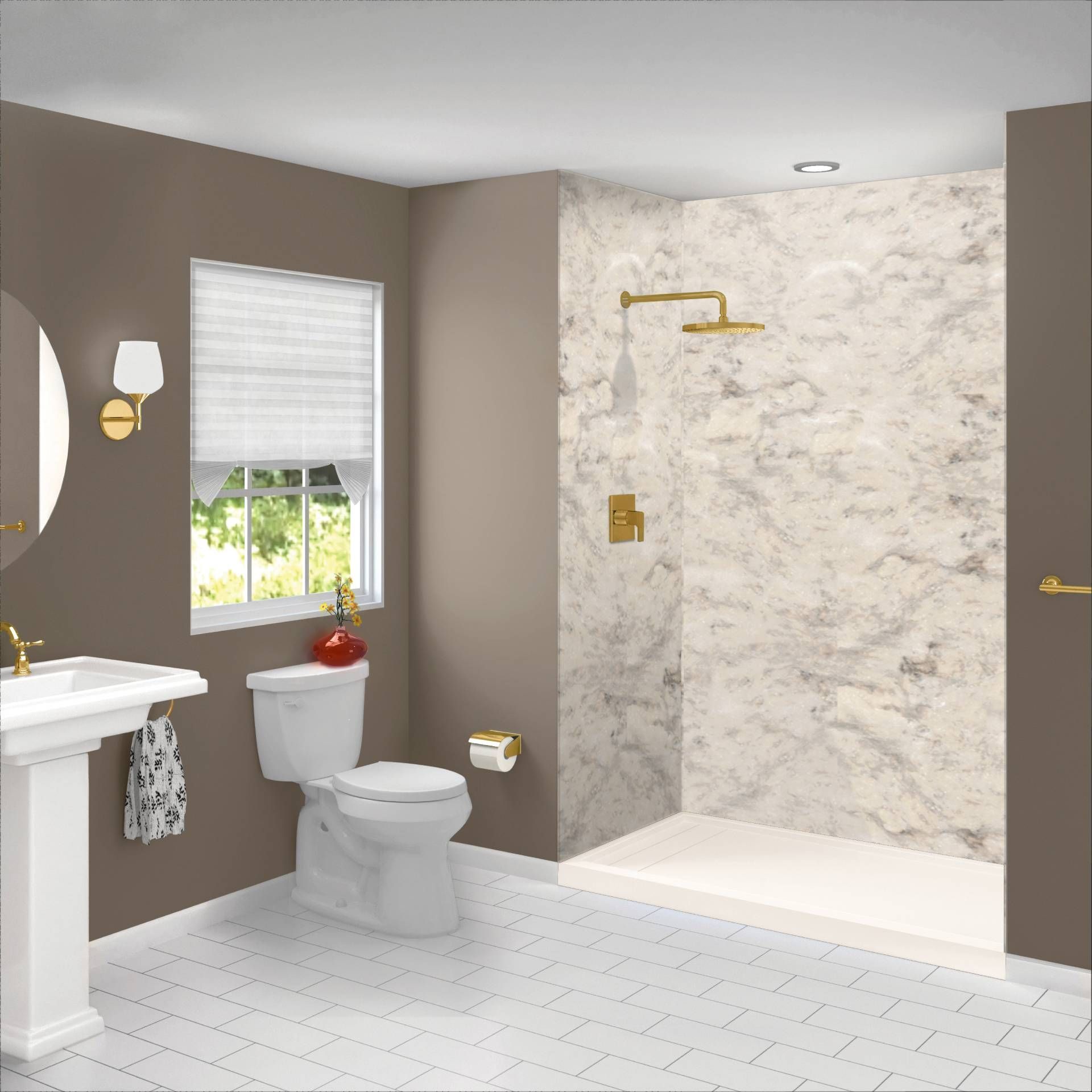 A floor-plan style before-and-after of a Katy master bathroom: the before shows the 1990s builder split of a corner garden tub plus a cramped framed stall, and the after shows Cascade Showerworks combining both footprints into one oversized walk-in shower with frameless glass, dual shower heads, and a bench. The image explains the signature Cinco Ranch and Seven Meadows conversion in Katy ISD's #1 rated community, completed in a single scheduled day.