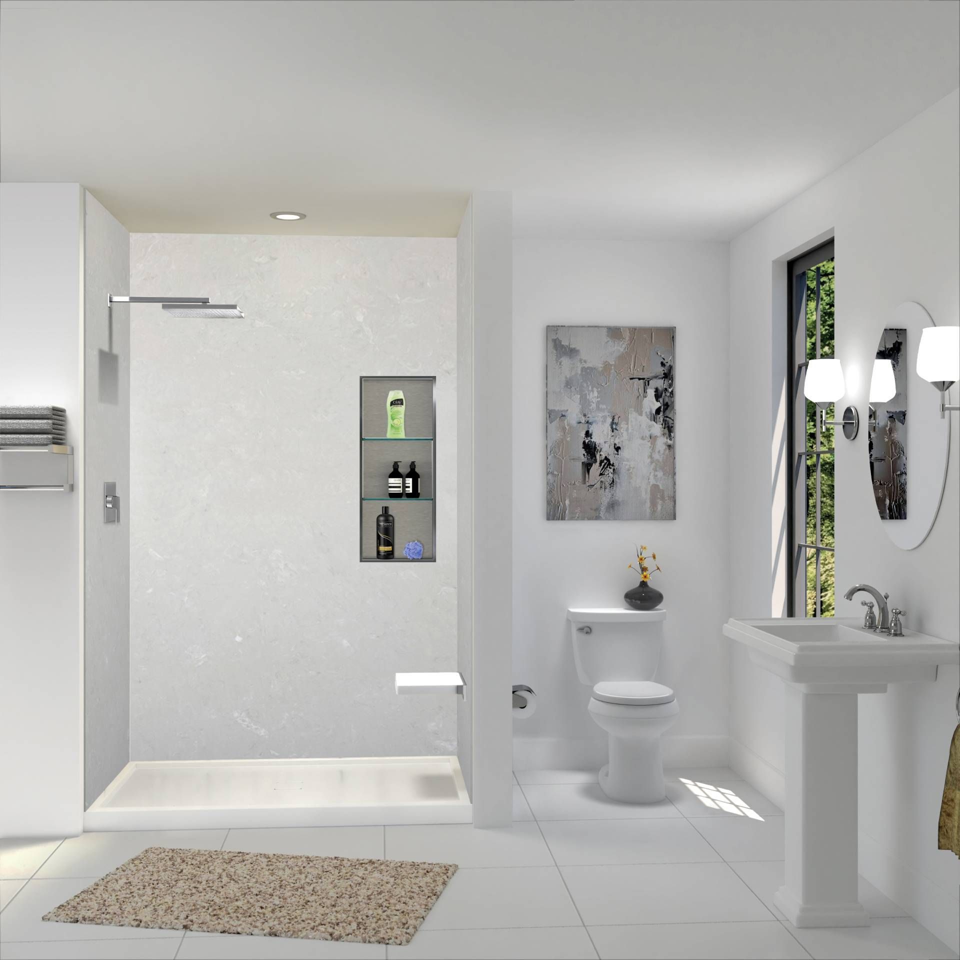 A mid-2000s Cypress master bathroom at the start of its first remodel cycle, showing clouded framed shower glass and a dated cultured-marble surround beside the Cascade Showerworks result: a converted walk-in shower with frameless glass, modern porcelain, and updated fixtures. The image captures the moment Bridgeland, Towne Lake, and Fairfield homes reach 15 to 20 years old and their owners choose the master shower as the first big update.