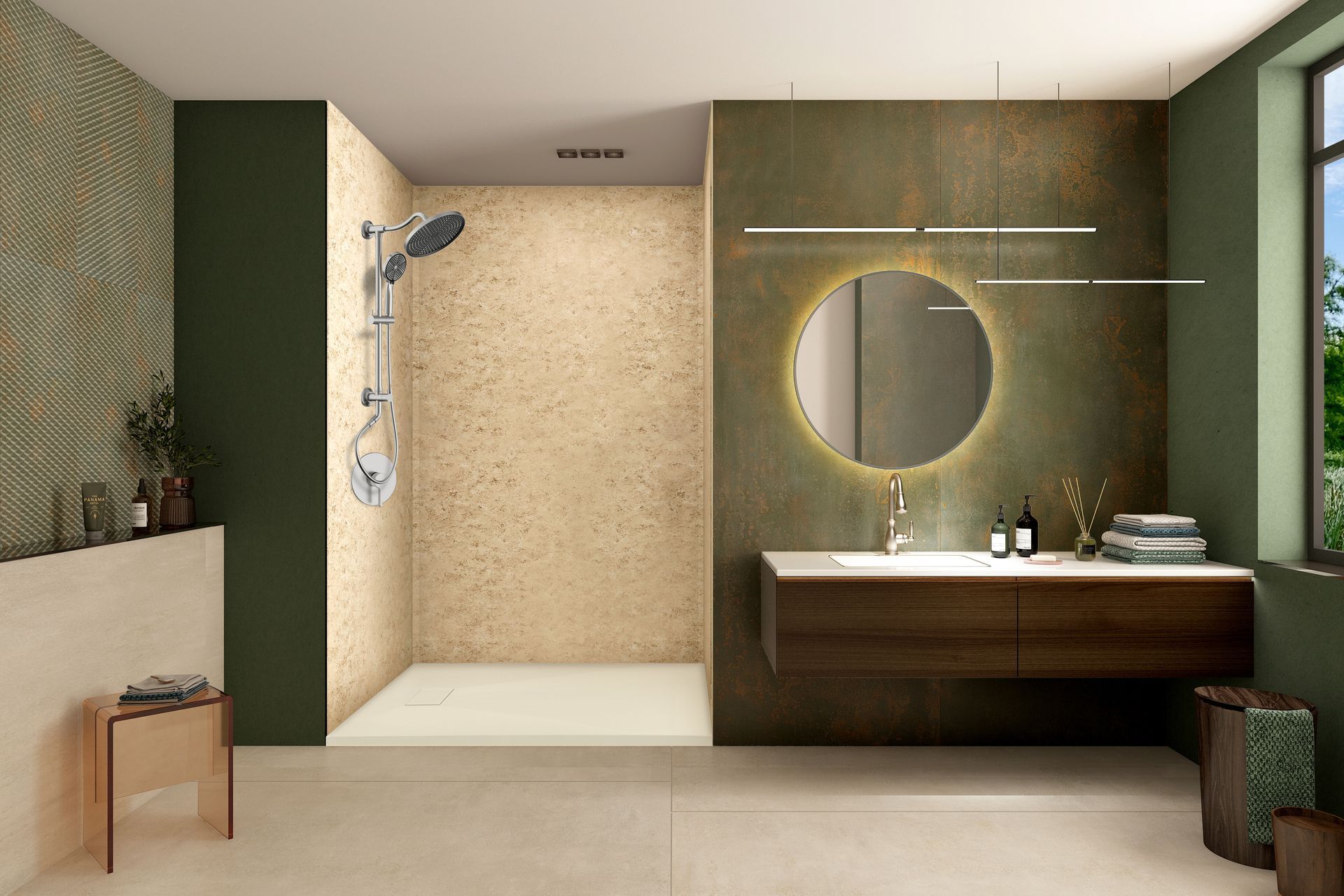 Modern spa-like bathroom with a walk-in shower, round mirror, and floating wood vanity