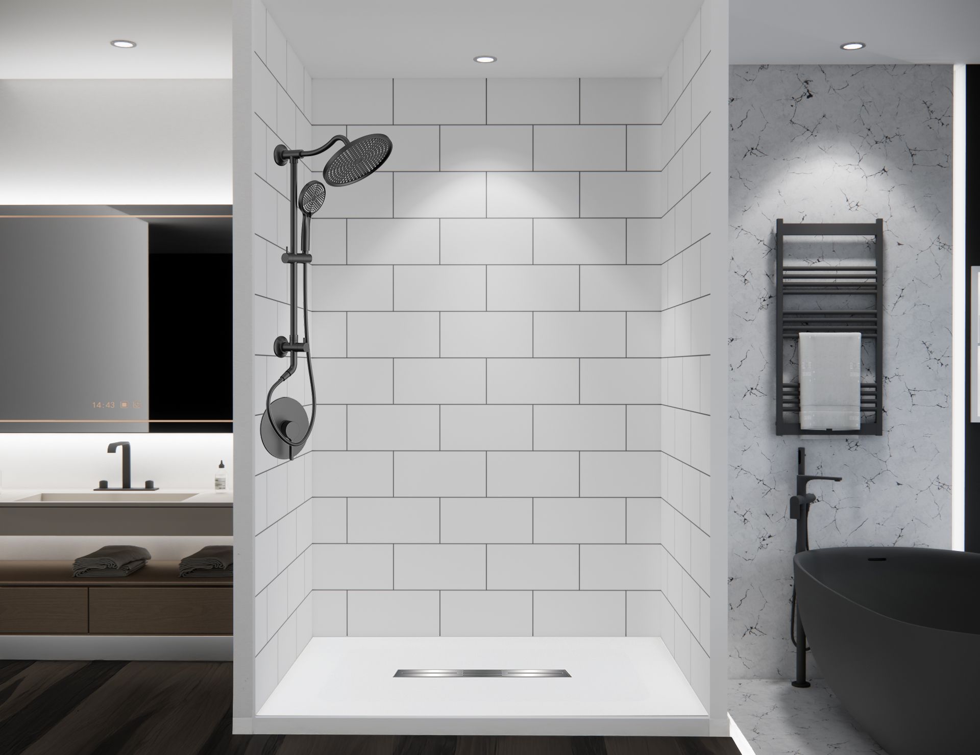 A tree-lined Bellaire street in the City of Homes with an interior showing a modern primary bath where a frameless glass walk-in shower replaced a dated tub. The image illustrates why Bellaire homeowners remodel: the city mixes mid-century homes with new builds and rewards updates, so families want a clean, low-maintenance walk-in shower installed in one day that lifts comfort and resale in a neighborhood always improving.