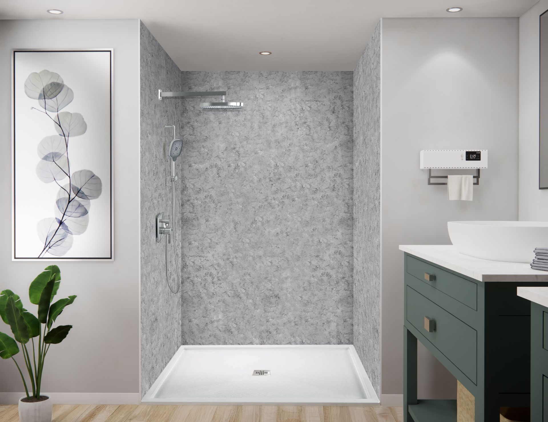 A safety-focused walk-in shower installed by Cascade Showerworks for aging in place in a Fulshear home, showing stainless grab bars anchored into solid wood blocking, a fold-down teak bench, a handheld shower head on an adjustable slide bar, slip-resistant flooring, and a zero-step curbless entry. The image reflects CDC guidance that more than 80 percent of senior fall injuries happen in the bathroom, and shows how a properly built walk-in shower removes those hazards for Fulshear homeowners.