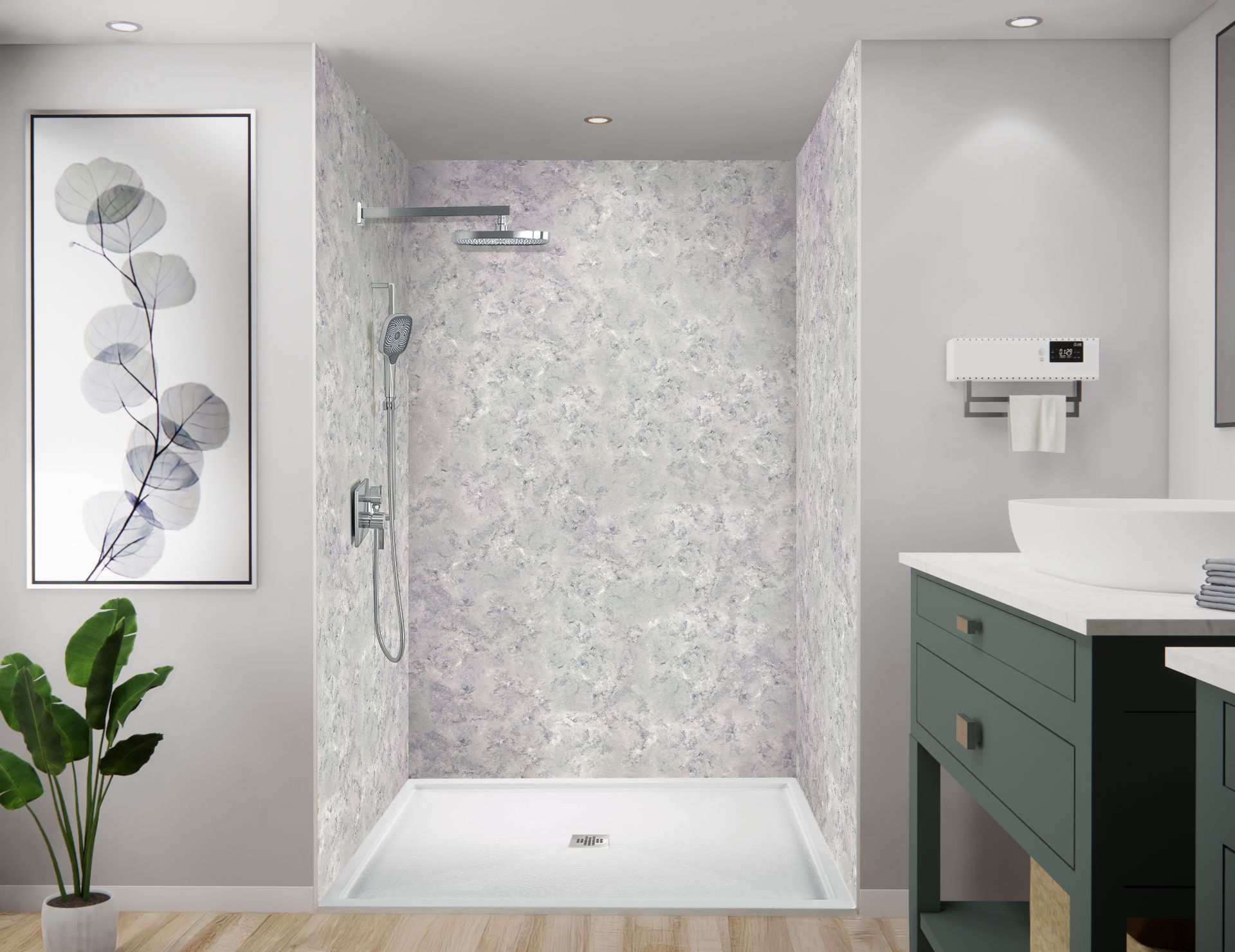 A prestigious Tanglewood home near the Galleria with a refreshed primary bath where a curbless glass walk-in shower has replaced a dated 1950s sunken tub. The image illustrates why Tanglewood homeowners update: their established estates are valuable but the original baths feel dated, and they want a spa-grade walk-in shower installed quickly and cleanly, modernizing the home and protecting its prestige and resale value near the Galleria.