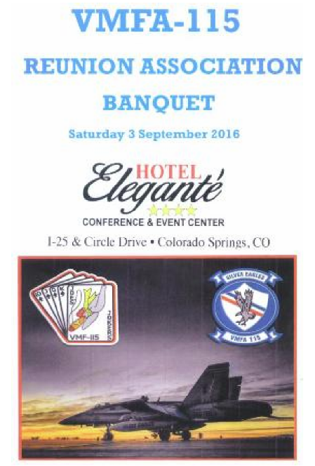 Flyer for VMFA-115 reunion banquet at Hotel Elegante in Colorado Springs on September 3, 2016. Includes logos and an F/A-18 silhouette.