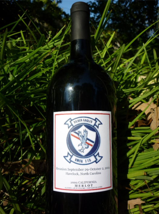 Bottle of North Carolinian Merlot wine with a label featuring a shield-like emblem.