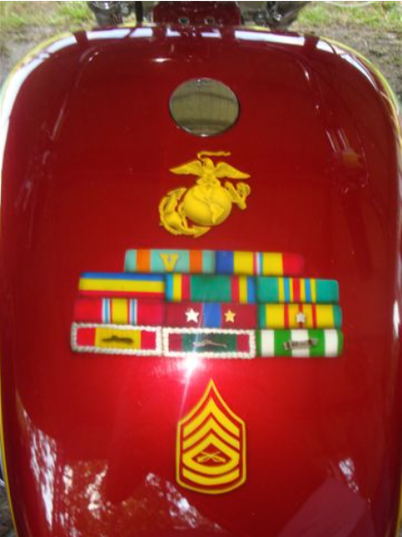 Marines motorcycle gas tank: Red with Marine Corps emblem, ribbons, and Sergeant stripes.