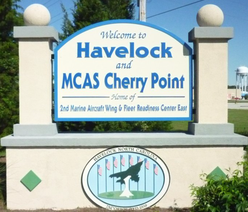 Sign welcoming visitors to Havelock and MCAS Cherry Point, home of 2nd Marine Aircraft Wing.
