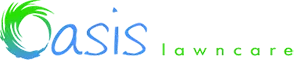 Logo for Oasis lawncare; a green and blue swirl around the word