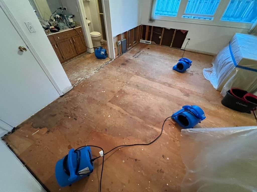 Bare room mid-renovation with sanded floor, wall trim removed, and blue floor sanders on the wood.