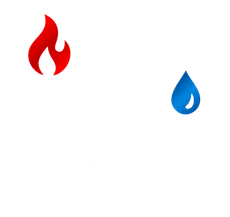 Red flame icon on the left and blue water droplet icon on the right on a white background