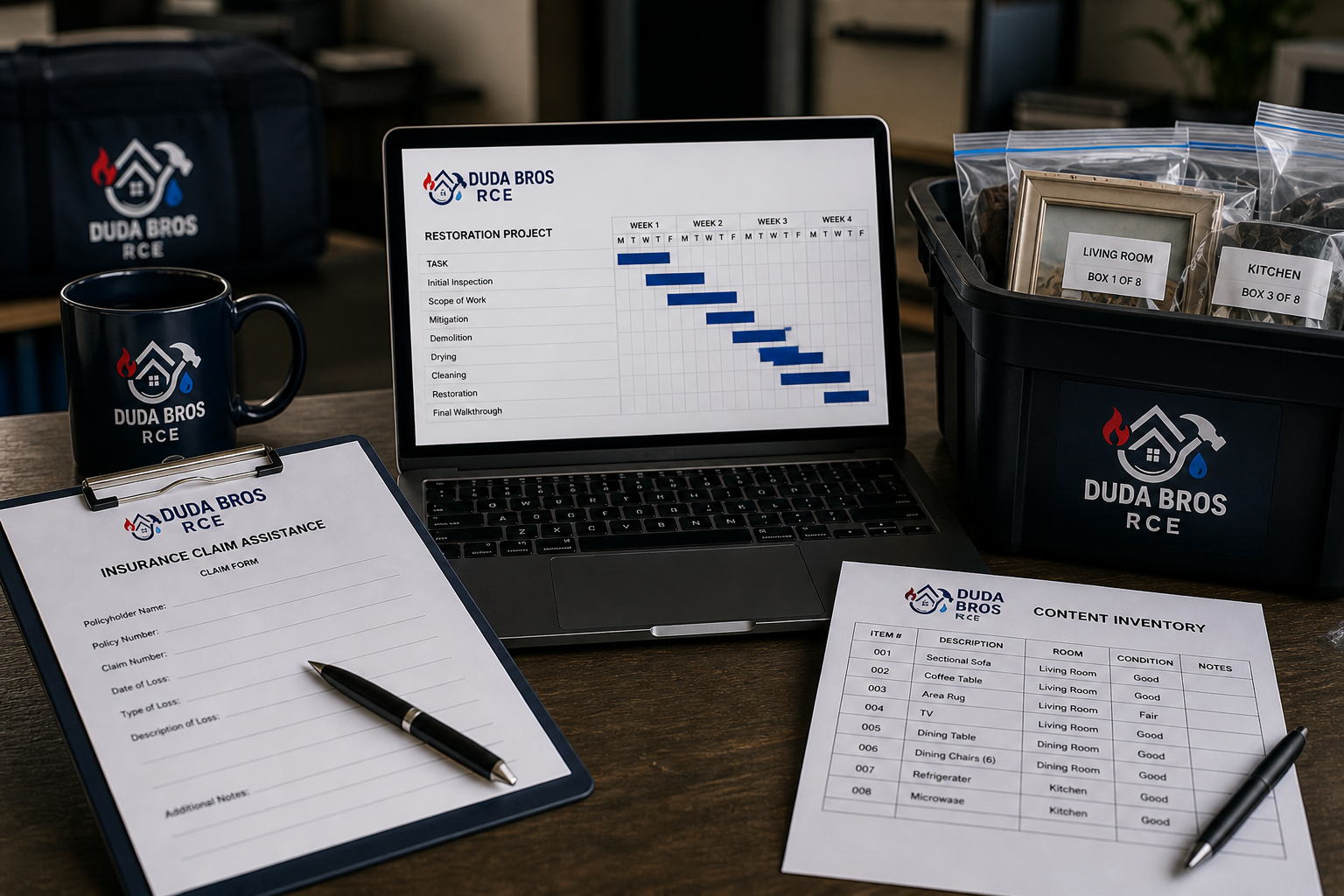 Laptop with charts and notes on a desk beside a mug and branded boxes for a cloud phone service
