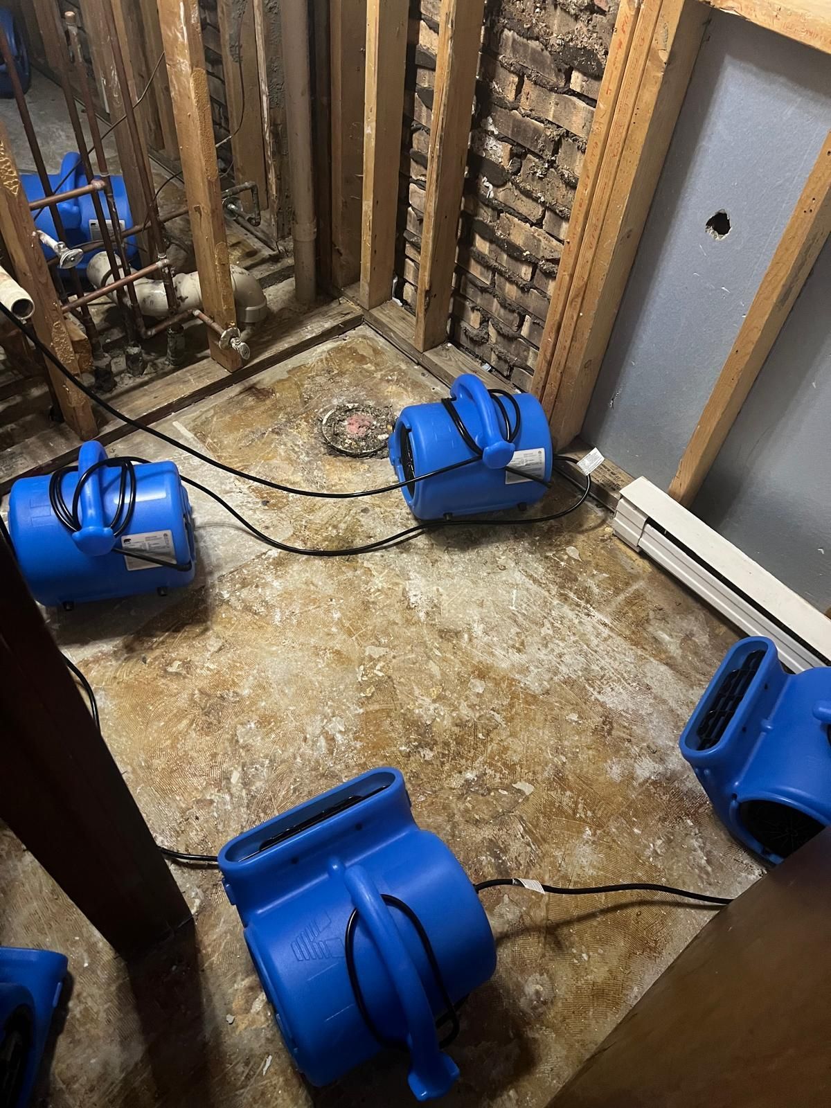 Blue air movers drying a flooded room with exposed studs and wet flooring