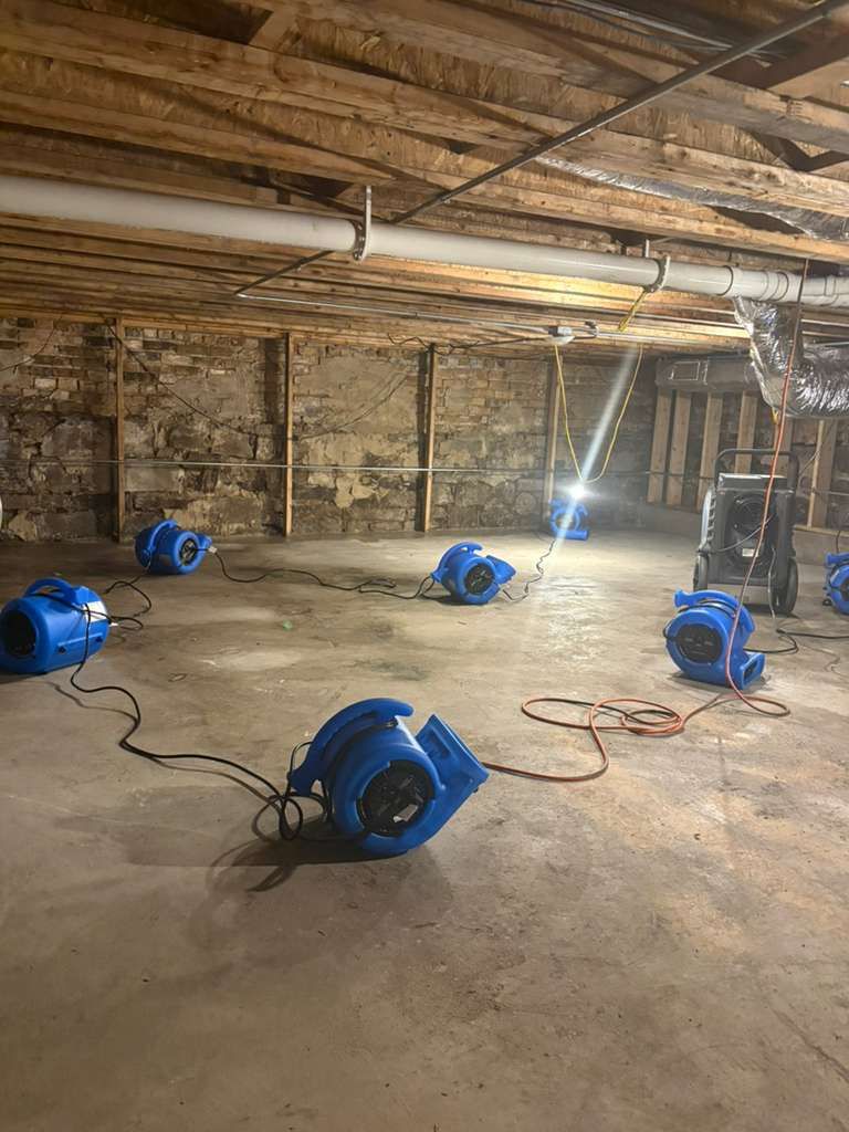 Basement with multiple blue fans/dehumidifiers and extension cords drying a concrete floor