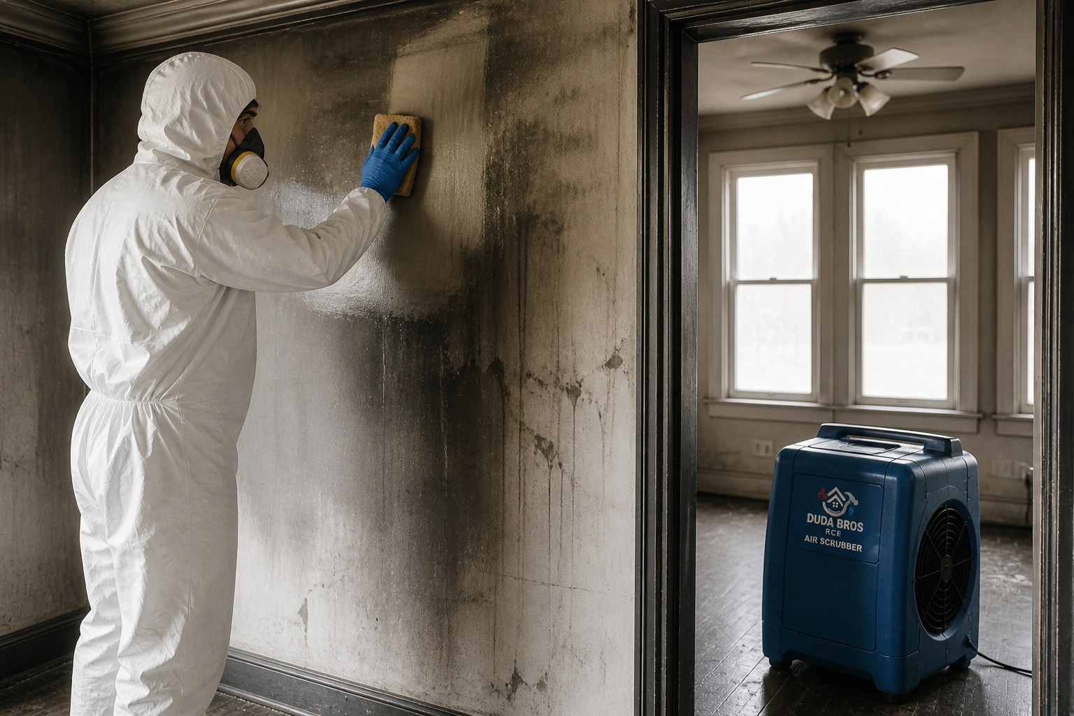 Worker in white protective suit spraying disinfectant on a moldy wall in a damaged room