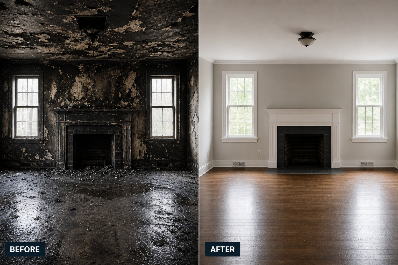 Before-and-after view of a fire-damaged room restored to a clean, bright interior