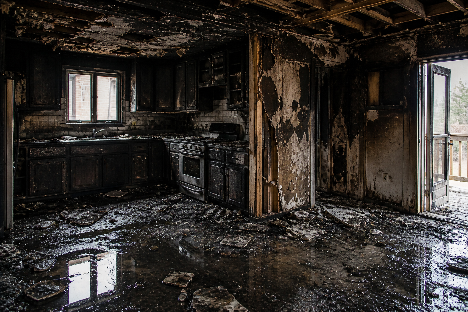 Burned-out room with blackened walls, ruined cabinets, and a wet reflective floor.