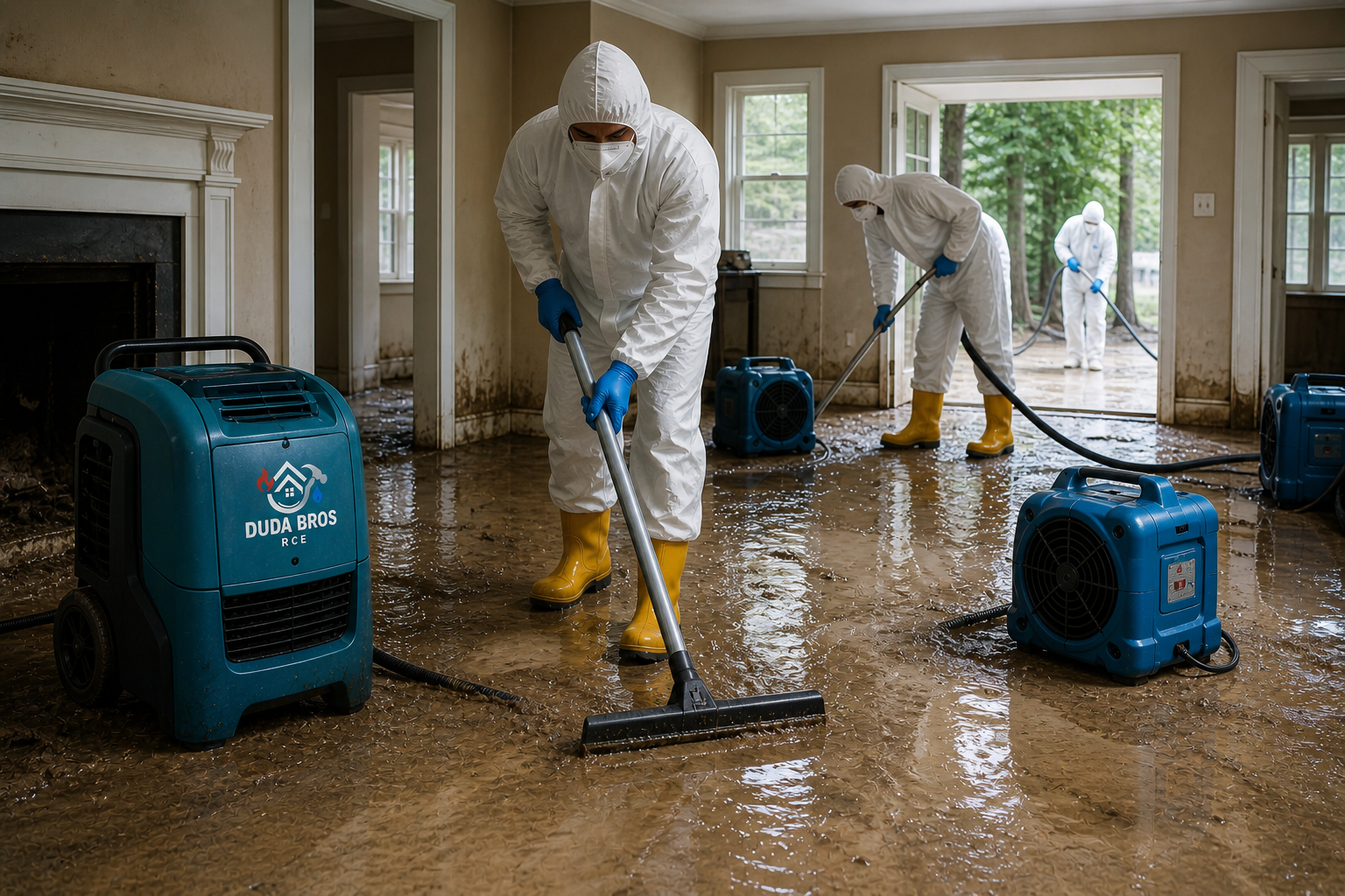 Workers in white hazmat suits clean floodwater from a damaged room with drying fans.