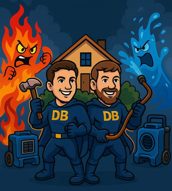 Two smiling DB mascots in front of a house, with a fire on the left and water on the right.