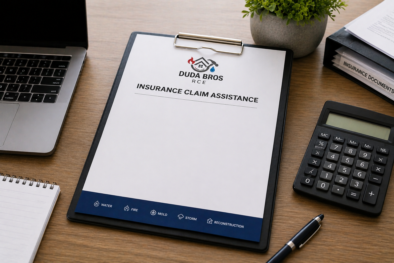 Clipboards with insurance document on desk beside calculator, laptop, pen, notebook, and plant.
