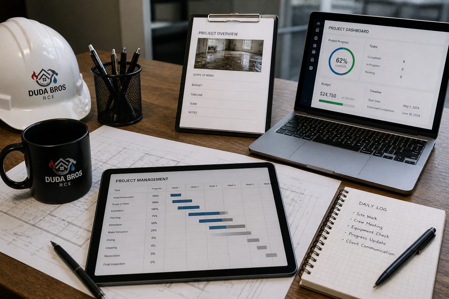 Desk with laptop, tablet, notebook, mug, and planner showing charts and task lists