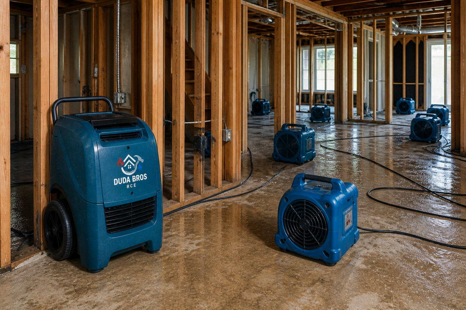 Blue dehumidifiers in a framed house under construction with wet concrete floors.