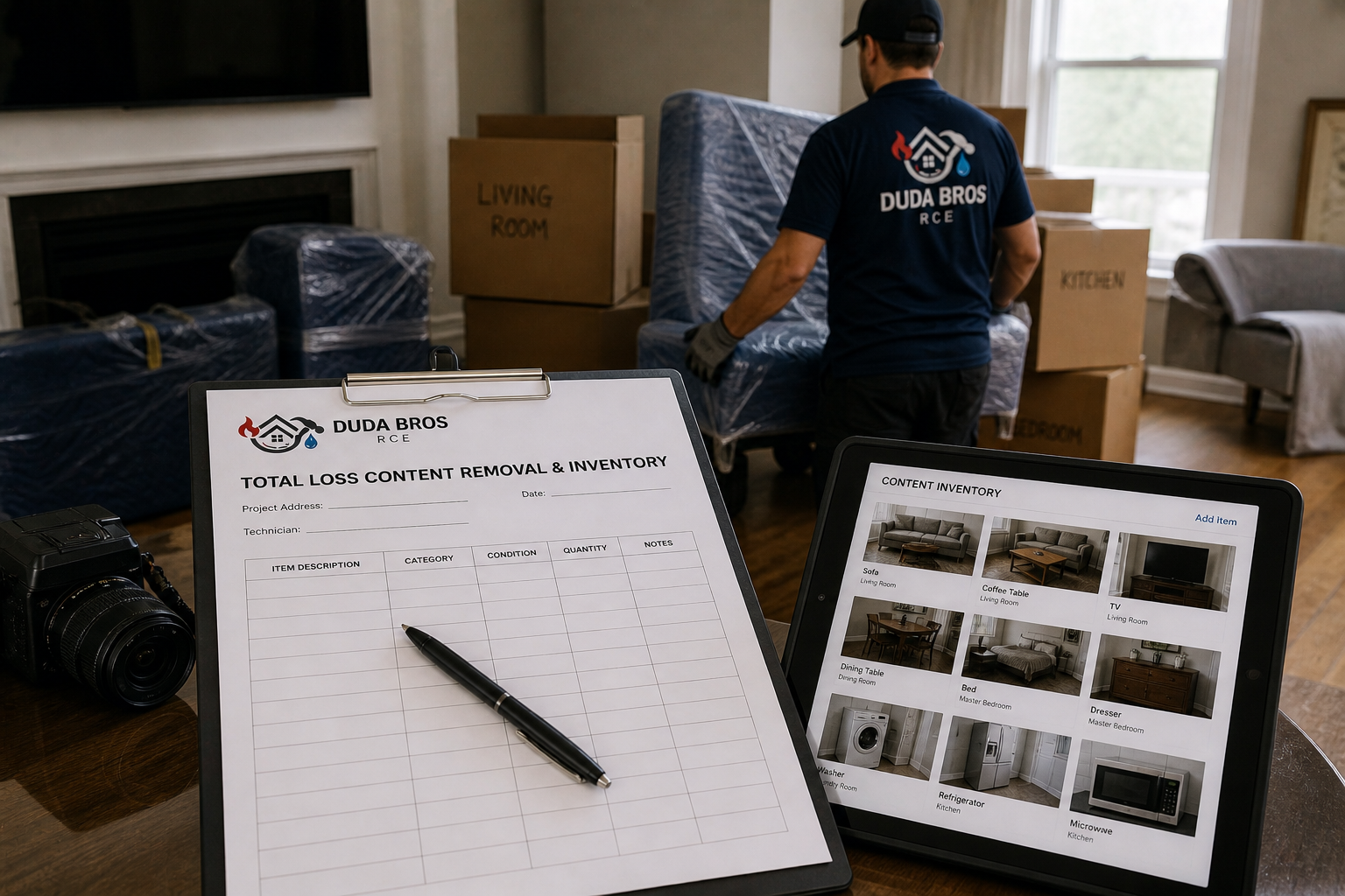 Moving boxes in a living room, with a checklist clipboard and a tablet showing inventory photos.