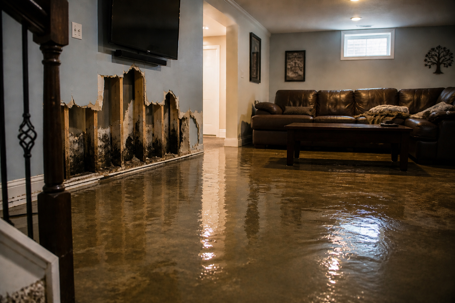 Flooded living room with reflective water, sofa, fireplace, and doorway.
