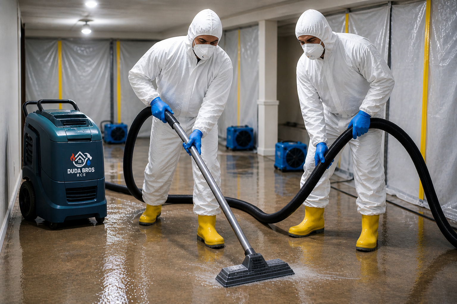 Two workers in white protective suits vacuuming water from a wet floor with a blue industrial cleaner.