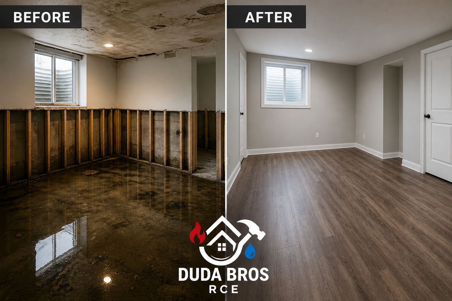 Basement before-and-after: flooded unfinished room transformed into clean finished space with wood floors.