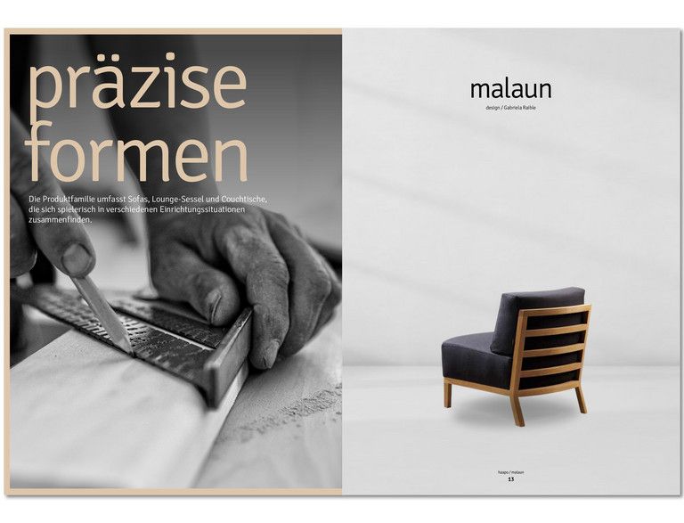 Ein schwarz-weiß Foto von den Händen eines Mannes mit den Worten präzise formen und ein Bild eines Stuhls