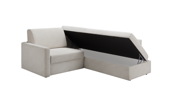 Ein weißes Sofa mit aufklappbaren Bestandteilen auf weißem Hintergrund.