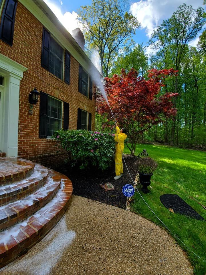 Brick house entry with curved steps, yellow fire hydrant, and green yard under sunny trees