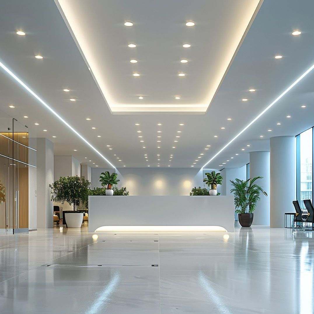 A large room with a ceiling that has a lot of lights on it