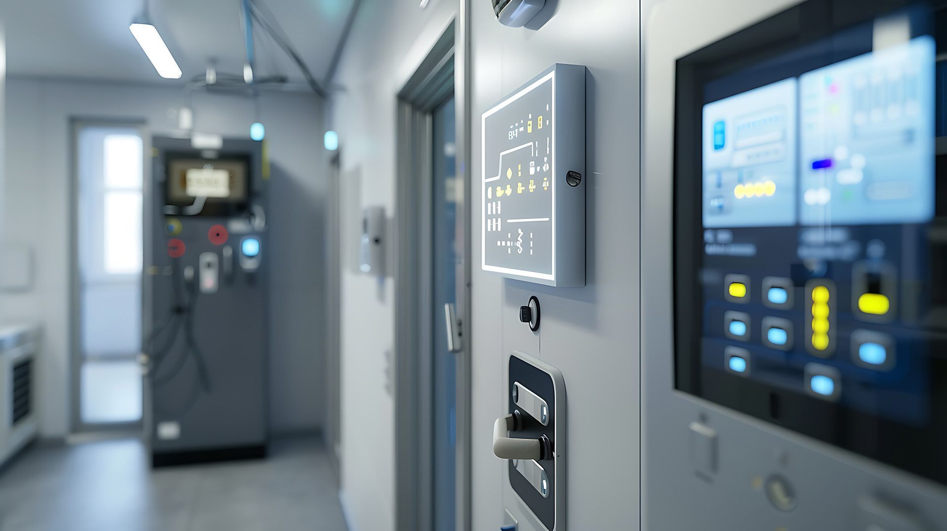 A room with a lot of buttons and a monitor on the wall.
