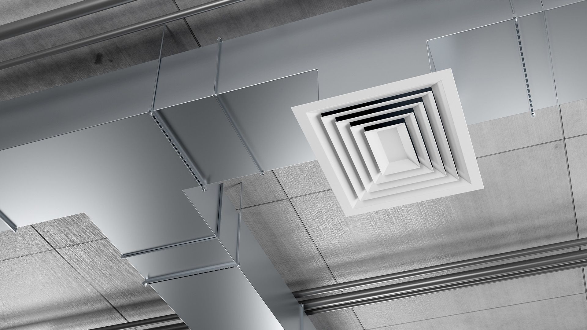 A close up of a square air vent on the ceiling of a building.