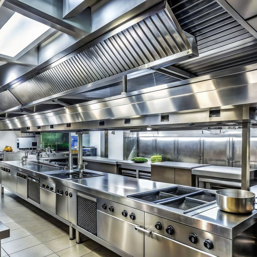 A large commercial kitchen with stainless steel appliances.