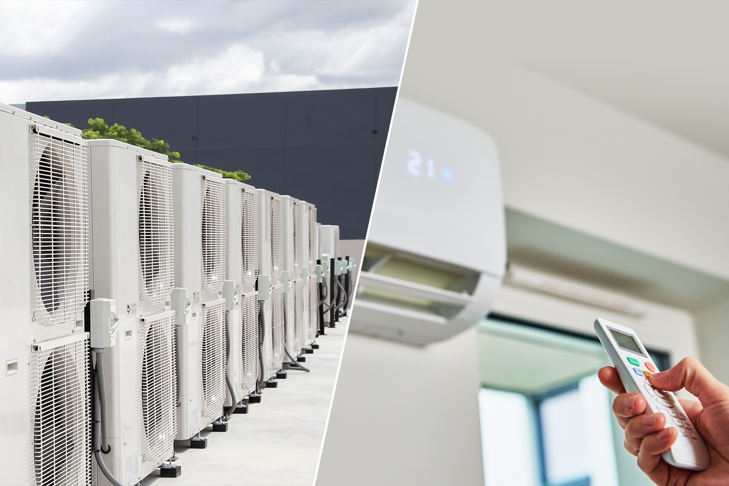 A row of air conditioners next to a person holding a remote control.