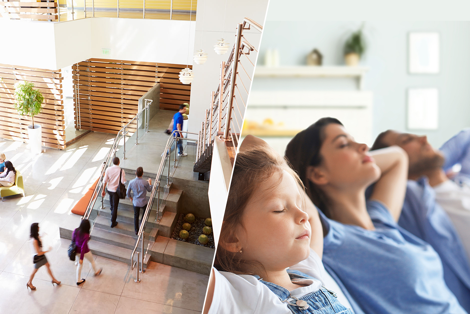 A group of people walking up a staircase and a family sleeping