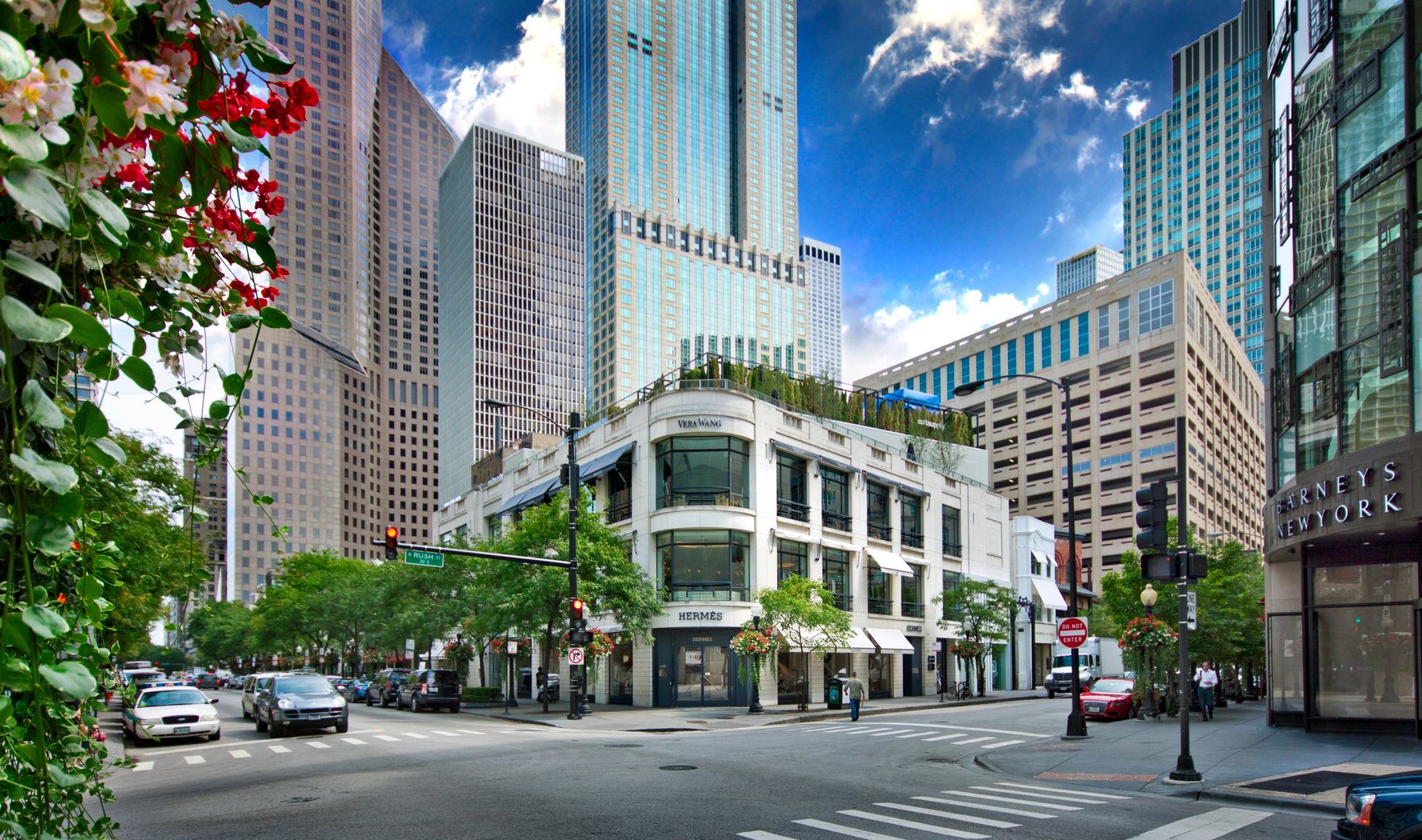 A city street with a lot of tall buildings and cars