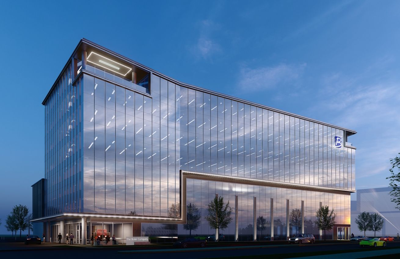An artist 's impression of a large glass building at night.