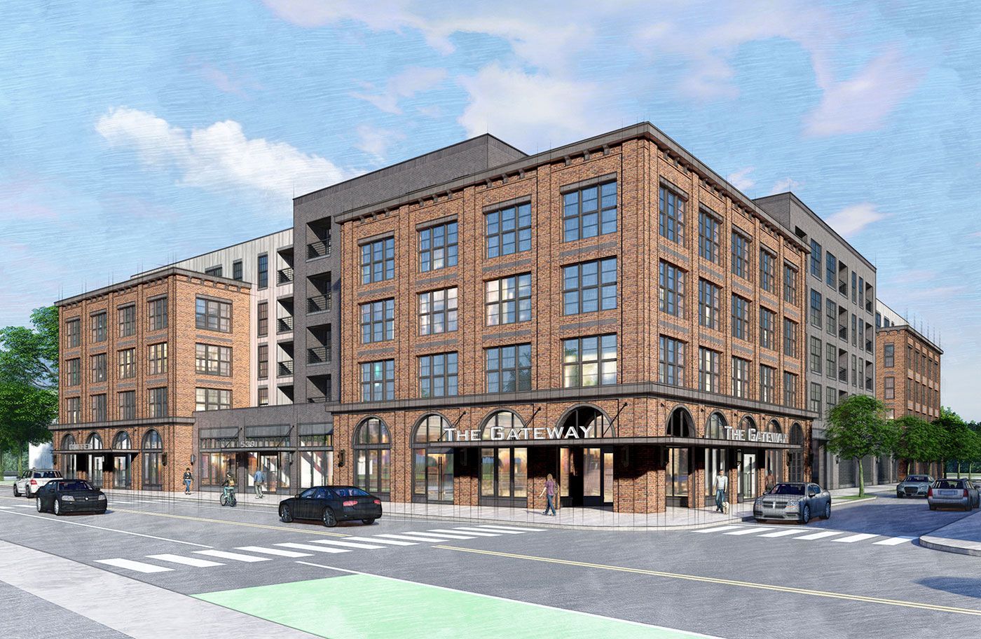 An artist 's impression of a large brick building on the corner of a street.