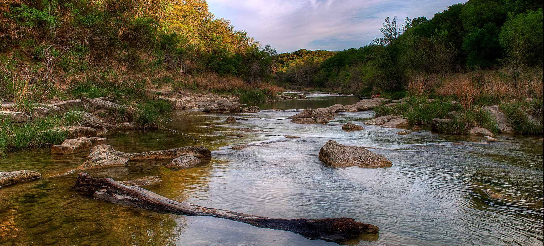 A river surrounded by trees and rocks in the middle of a forest.